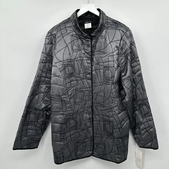 Vikki Vi Jacket Coat 100% Silk Plus Size 1X Reversible‎ Quilted Silver Black New